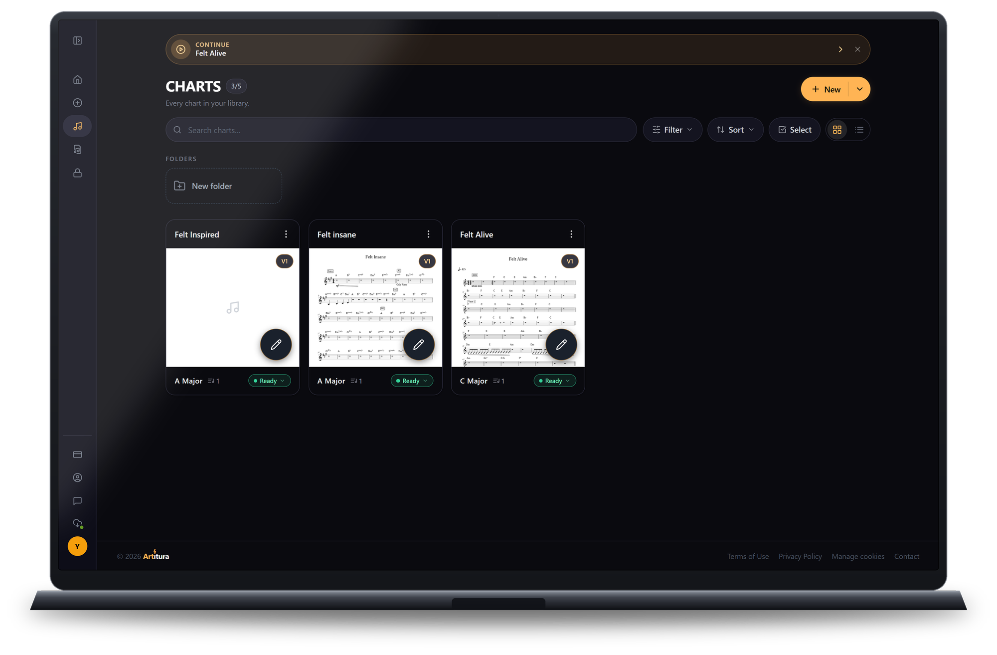 The Charts library on a laptop: Felt Inspired, Felt insane and Felt Alive, each with its engraved preview