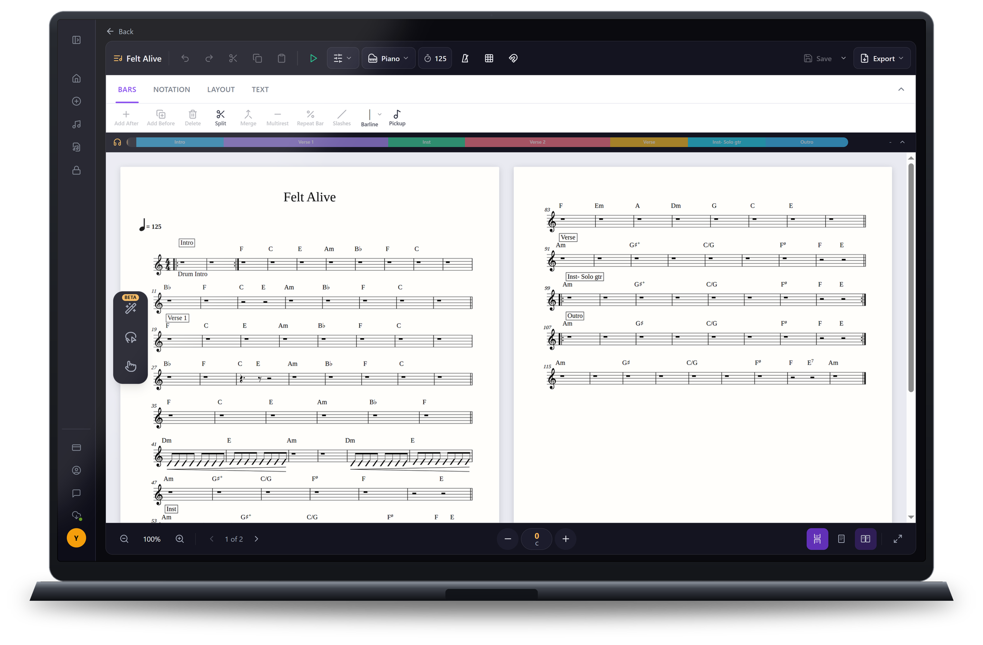 The Artitura editor on a laptop: the Smart Chart Felt Alive with the bar toolbar and the song-structure timeline