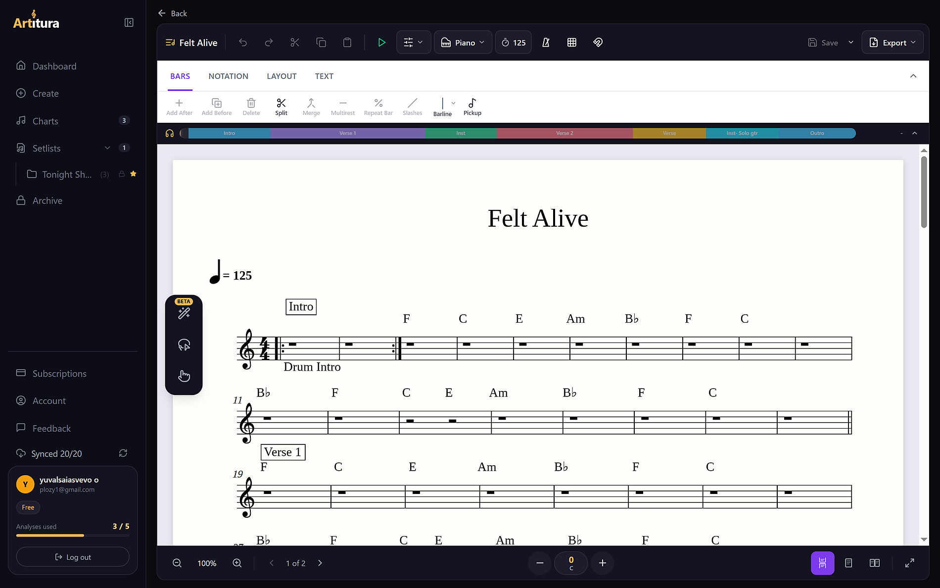 The Artitura editor on a laptop: the Smart Chart Felt Alive with the bar toolbar and the song-structure timeline