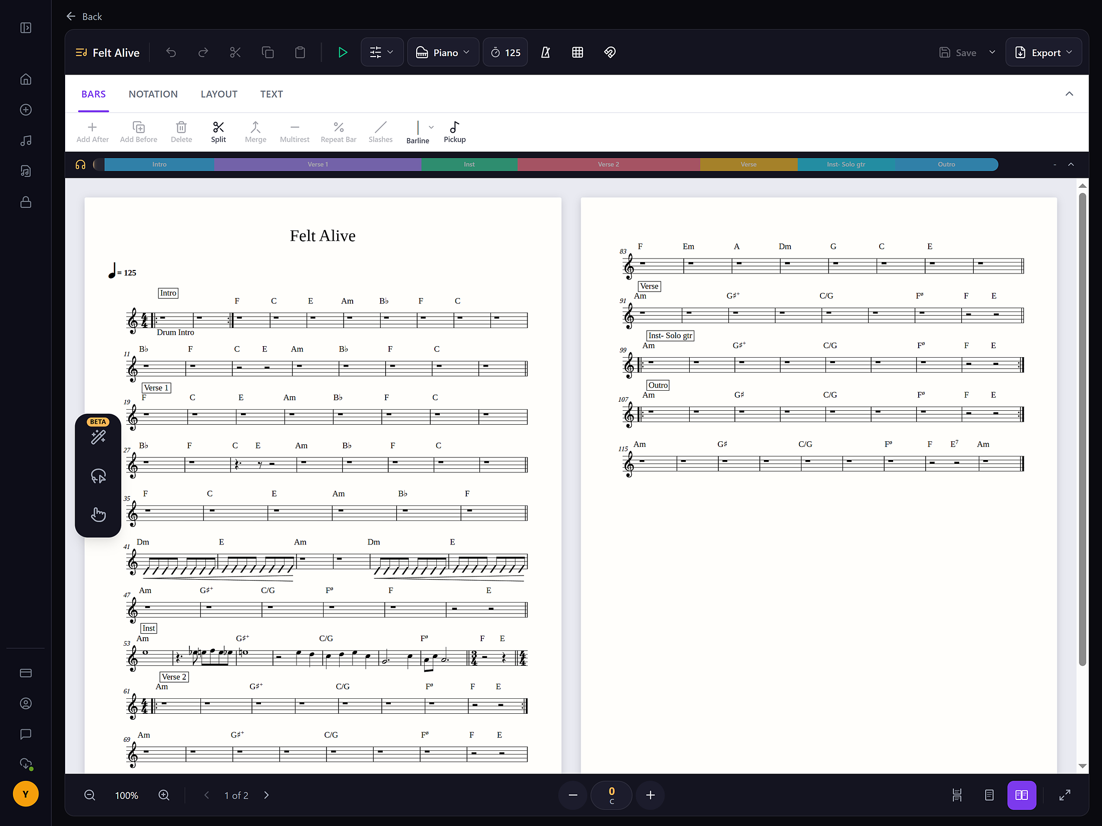 The Artitura editor on an iPad: the Smart Chart Felt Alive open on two pages, with the bar toolbar and the song-structure timeline